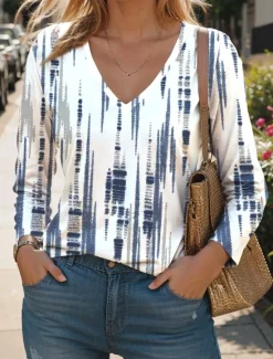 Hot Women's T Shirt V Neck Long Sleeve Tunic Fashion Modern Casual Regular Tops Daily Weekend Print White Royal Blue Blue Green Khaki Fall Winter Women Spring Tops|Boho Tops