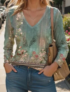Best Women's T Shirt V Neck Long Sleeve Tunic Floral Fashion Modern Casual Regular Tops Daily Weekend Print Fall Winter Women Spring Tops|Boho Tops