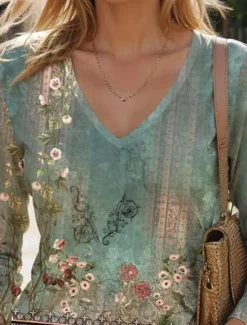 Best Women's T Shirt V Neck Long Sleeve Tunic Floral Fashion Modern Casual Regular Tops Daily Weekend Print Fall Winter Women Spring Tops|Boho Tops