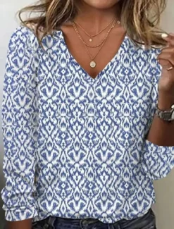 Women's T Shirt V Neck Long Sleeve Tunic Graphic Fashion Modern Casual Regular Tops Daily Weekend Print Fall Winter Women Boho Tops