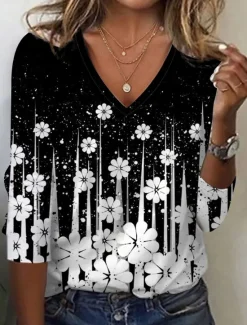 Online Women's T Shirt V Neck Long Sleeve Tunic Fashion Casual Print Regular Tops Daily Spring Fall Women Spring Tops