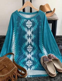Best Women's T Shirt Vintage Casual Print Long Sleeve Long Tops Crew Neck Daily Spring & Fall Women Boho Tops