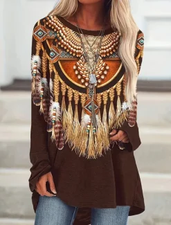 Hot Women's T Shirt Vintage Ethnic Print Long Sleeve Regular Tops Crew Neck Vacation Spring Fall Women Boho Tops