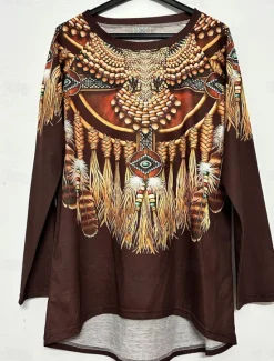 Hot Women's T Shirt Vintage Ethnic Print Long Sleeve Regular Tops Crew Neck Vacation Spring Fall Women Boho Tops