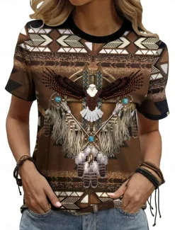 Outlet Women's T Shirt Vintage Ethnic Casual Print Short Sleeve Regular Tops Vacation Summer Women Boho Tops