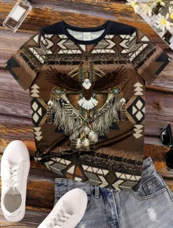 Outlet Women's T Shirt Vintage Ethnic Casual Print Short Sleeve Regular Tops Vacation Summer Women Boho Tops