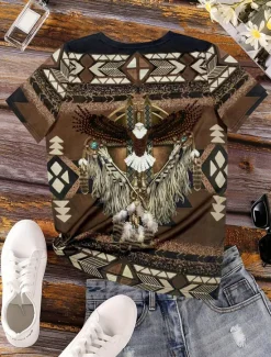 Outlet Women's T Shirt Vintage Ethnic Casual Print Short Sleeve Regular Tops Vacation Summer Women Boho Tops