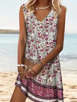 Online Women's Tank Dress Floral Ditsy Floral Print V Neck Midi Dress Bohemia Boho Daily Sleeveless Summer Spring Women Floral Dresses