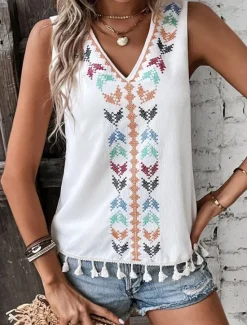 Sale Women's Tank Top Casual Sleeveless V Neck Regular Tops Daily Print Black White Pink off-white Summer Women Boho Tops