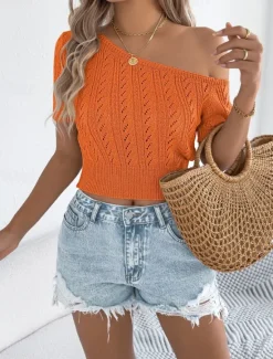 Online Women's Tank Top Solid Color Daily Casual Short Sleeve Cold Shoulder Regular Tops Daily Beach Wear Black White Fuchsia Orange Khaki Summer Spring Women Pullovers & Tops
