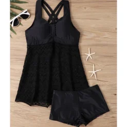 New Women's Tankini Two Piece Swimsuit Lace Swimwear Solid Colored Swimwear Black Sky Blue Breathable Quick Dry Lightweight Sleeveless - Swimming Surfing Beach Summer Spring Plus Size Women One-Pieces