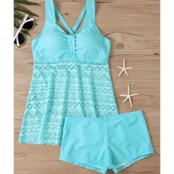 New Women's Tankini Two Piece Swimsuit Lace Swimwear Solid Colored Swimwear Black Sky Blue Breathable Quick Dry Lightweight Sleeveless - Swimming Surfing Beach Summer Spring Plus Size Women One-Pieces
