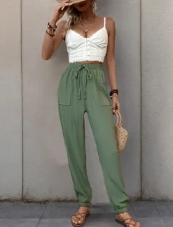 Best Women's Tapered pants Chinos Fashion Streetwear Full Length High Waist Plain Pocket Elastic Waistband Comfy Soft Comfortable Micro-elastic Outdoor Street Black Green Khaki Spring & Fall Regular Fit Women Pants