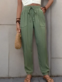 Best Women's Tapered pants Chinos Fashion Streetwear Full Length High Waist Plain Pocket Elastic Waistband Comfy Soft Comfortable Micro-elastic Outdoor Street Black Green Khaki Spring & Fall Regular Fit Women Pants