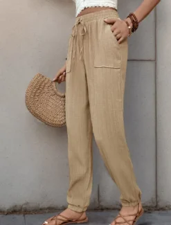 Best Women's Tapered pants Chinos Fashion Streetwear Full Length High Waist Plain Pocket Elastic Waistband Comfy Soft Comfortable Micro-elastic Outdoor Street Black Green Khaki Spring & Fall Regular Fit Women Pants