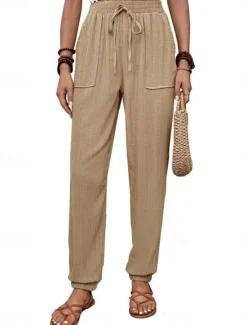 Best Women's Tapered pants Chinos Fashion Streetwear Full Length High Waist Plain Pocket Elastic Waistband Comfy Soft Comfortable Micro-elastic Outdoor Street Black Green Khaki Spring & Fall Regular Fit Women Pants