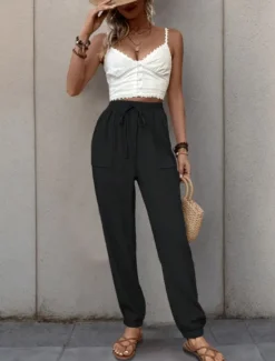 Best Women's Tapered pants Chinos Fashion Streetwear Full Length High Waist Plain Pocket Elastic Waistband Comfy Soft Comfortable Micro-elastic Outdoor Street Black Green Khaki Spring & Fall Regular Fit Women Pants