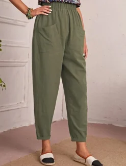 New Women's Tapered pants Chinos Fashion Streetwear Basic Ankle-Length Medium Waist Plain Pocket Elastic Waist Comfort Outdoor Micro-elastic Vacation Street Daily Navy Black Khaki Army Green Summer Spring Women Pants