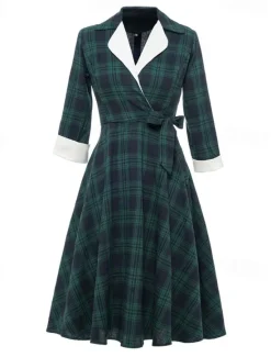 New Women's Tartan Dress Swing Dress Plaid Dress Vintage Dress Red Long Sleeve Plaid Lace up Winter Fall Shirt Collar Mature Winter Dress Fall Dress 2022 S M L XL XXL Women Work Dresses