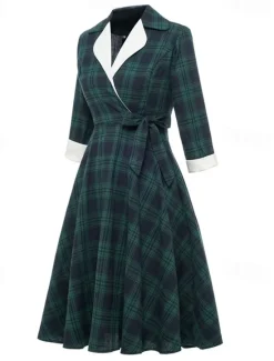 New Women's Tartan Dress Swing Dress Plaid Dress Vintage Dress Red Long Sleeve Plaid Lace up Winter Fall Shirt Collar Mature Winter Dress Fall Dress 2022 S M L XL XXL Women Work Dresses