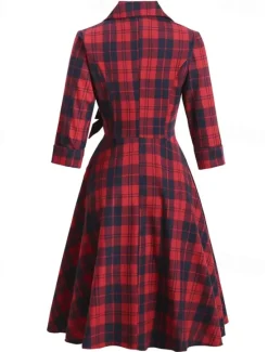New Women's Tartan Dress Swing Dress Plaid Dress Vintage Dress Red Long Sleeve Plaid Lace up Winter Fall Shirt Collar Mature Winter Dress Fall Dress 2022 S M L XL XXL Women Work Dresses