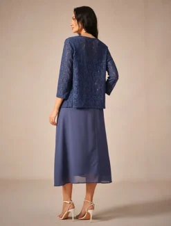 Discount Women's Tea Length A Line Dress Dress With Jacket Elegant Semi Formal Wedding Guest Regular Fit Solid Color 3/4 Length Sleeve Square Neck Summer Spring Fall Women Cocktail Dress