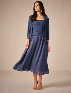 Discount Women's Tea Length A Line Dress Dress With Jacket Elegant Semi Formal Wedding Guest Regular Fit Solid Color 3/4 Length Sleeve Square Neck Summer Spring Fall Women Cocktail Dress