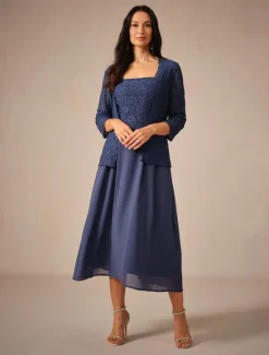 Discount Women's Tea Length A Line Dress Dress With Jacket Elegant Semi Formal Wedding Guest Regular Fit Solid Color 3/4 Length Sleeve Square Neck Summer Spring Fall Women Cocktail Dress