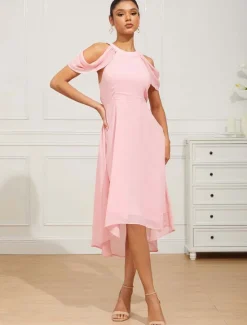 Hot Women's Tea Length Chiffon Dress Elegant Formal Flutter Sleeve Wedding Guest Cocktail Party Regular Fit 3/4 Length Sleeve Halter Neck Summer Spring Women Cocktail Dress