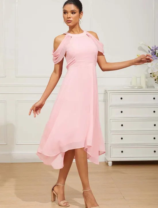 Hot Women's Tea Length Chiffon Dress Elegant Formal Flutter Sleeve Wedding Guest Cocktail Party Regular Fit 3/4 Length Sleeve Halter Neck Summer Spring Women Cocktail Dress