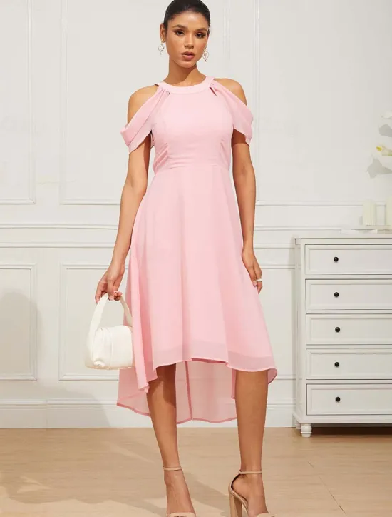 Hot Women's Tea Length Chiffon Dress Elegant Formal Flutter Sleeve Wedding Guest Cocktail Party Regular Fit 3/4 Length Sleeve Halter Neck Summer Spring Women Cocktail Dress