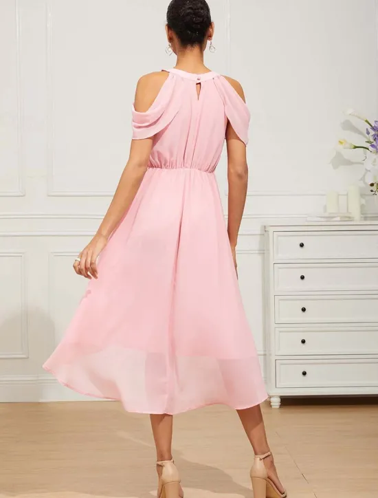 Hot Women's Tea Length Chiffon Dress Elegant Formal Flutter Sleeve Wedding Guest Cocktail Party Regular Fit 3/4 Length Sleeve Halter Neck Summer Spring Women Cocktail Dress