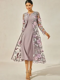 Sale Women's Tea Length Cocktail Dress Dress Set Wedding Guest Dress A Line Dress Elegant Formal Wedding Party Regular Fit Floral Long Sleeve Crew Neck Summer Spring Fall Women Cocktail Dress