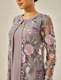 Sale Women's Tea Length Cocktail Dress Dress Set Wedding Guest Dress A Line Dress Elegant Formal Wedding Party Regular Fit Floral Long Sleeve Crew Neck Summer Spring Fall Women Cocktail Dress