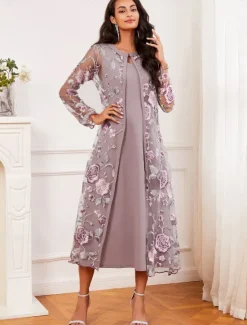 Sale Women's Tea Length Cocktail Dress Dress Set Wedding Guest Dress A Line Dress Elegant Formal Wedding Party Regular Fit Floral Long Sleeve Crew Neck Summer Spring Fall Women Cocktail Dress