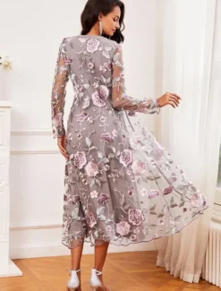 Sale Women's Tea Length Cocktail Dress Dress Set Wedding Guest Dress A Line Dress Elegant Formal Wedding Party Regular Fit Floral Long Sleeve Crew Neck Summer Spring Fall Women Cocktail Dress