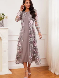 Sale Women's Tea Length Cocktail Dress Dress Set Wedding Guest Dress A Line Dress Elegant Formal Wedding Party Regular Fit Floral Long Sleeve Crew Neck Summer Spring Fall Women Cocktail Dress