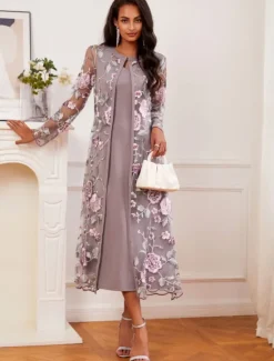 Sale Women's Tea Length Cocktail Dress Dress Set Wedding Guest Dress A Line Dress Elegant Formal Wedding Party Regular Fit Floral Long Sleeve Crew Neck Summer Spring Fall Women Cocktail Dress