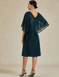 Women's Tea Length Formal Dress A Line Dress Cape Dress Elegant Wedding Wedding Guest Cocktail Party Regular Fit Plain Half Sleeve V Neck Summer Spring Fall Women Cocktail Dress
