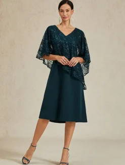 Women's Tea Length Formal Dress A Line Dress Cape Dress Elegant Wedding Wedding Guest Cocktail Party Regular Fit Plain Half Sleeve V Neck Summer Spring Fall Women Cocktail Dress