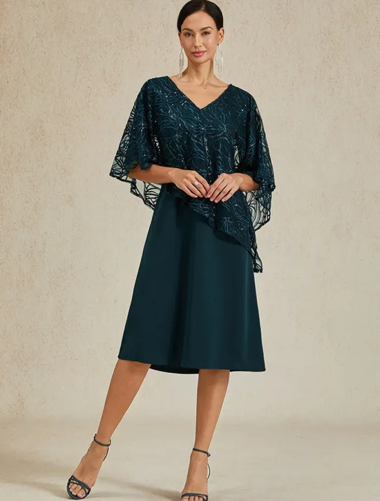 Women's Tea Length Formal Dress A Line Dress Cape Dress Elegant Wedding Wedding Guest Cocktail Party Regular Fit Plain Half Sleeve V Neck Summer Spring Fall Women Cocktail Dress