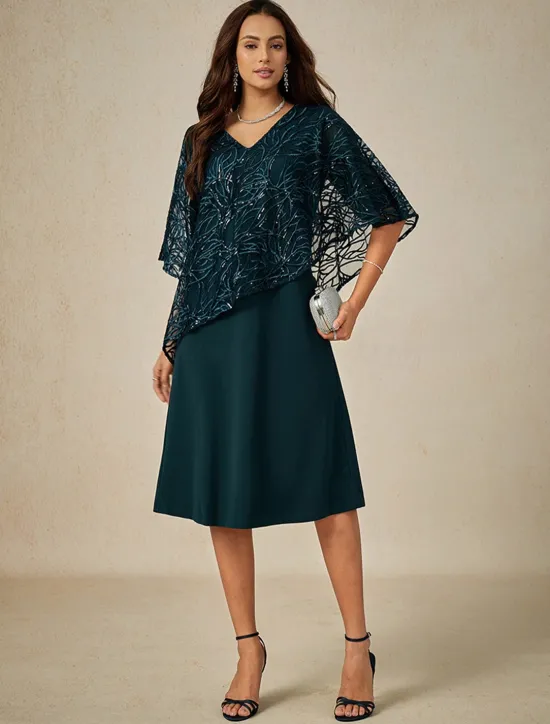 Women's Tea Length Formal Dress A Line Dress Cape Dress Elegant Wedding Wedding Guest Cocktail Party Regular Fit Plain Half Sleeve V Neck Summer Spring Fall Women Cocktail Dress