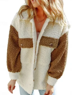 Clearance Women's Teddy Coat Hoodie Jacket Warm Breathable Pocket Fleece Lined Casual Plain Vacation Street Daily Wear Going out Single Breasted Regular Turndown Regular Fit Long Sleeve Outerwear Pink Brown Women Coats & Trench Coats