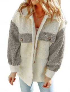 Clearance Women's Teddy Coat Hoodie Jacket Warm Breathable Pocket Fleece Lined Casual Plain Vacation Street Daily Wear Going out Single Breasted Regular Turndown Regular Fit Long Sleeve Outerwear Pink Brown Women Coats & Trench Coats