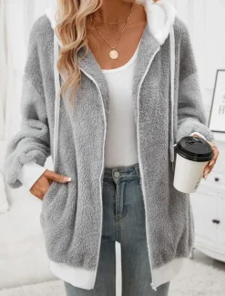 Best Women's Teddy Coat Hoodie Jacket Outdoor Street Daily Wear Fall Winter Regular Coat Regular Fit Thermal Warm Breathable Stylish Casual Jacket Long Sleeve Plain with Pockets Full Zip Women Jackets