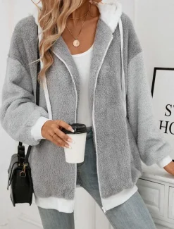 Best Women's Teddy Coat Hoodie Jacket Outdoor Street Daily Wear Fall Winter Regular Coat Regular Fit Thermal Warm Breathable Stylish Casual Jacket Long Sleeve Plain with Pockets Full Zip Women Jackets