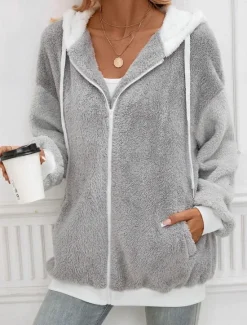 Best Women's Teddy Coat Hoodie Jacket Outdoor Street Daily Wear Fall Winter Regular Coat Regular Fit Thermal Warm Breathable Stylish Casual Jacket Long Sleeve Plain with Pockets Full Zip Women Jackets
