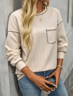 New Women's Texture Sweatshirt T Shirt Plain Fashion Modern Casual Long Sleeve Crew Neck Regular Tops Daily Weekend Pocket Beige Gray Summer Spring Women Hoodies & Sweatshirts