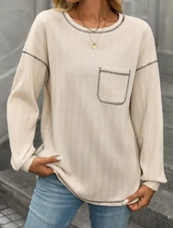 New Women's Texture Sweatshirt T Shirt Plain Fashion Modern Casual Long Sleeve Crew Neck Regular Tops Daily Weekend Pocket Beige Gray Summer Spring Women Hoodies & Sweatshirts