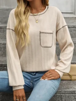 New Women's Texture Sweatshirt T Shirt Plain Fashion Modern Casual Long Sleeve Crew Neck Regular Tops Daily Weekend Pocket Beige Gray Summer Spring Women Hoodies & Sweatshirts